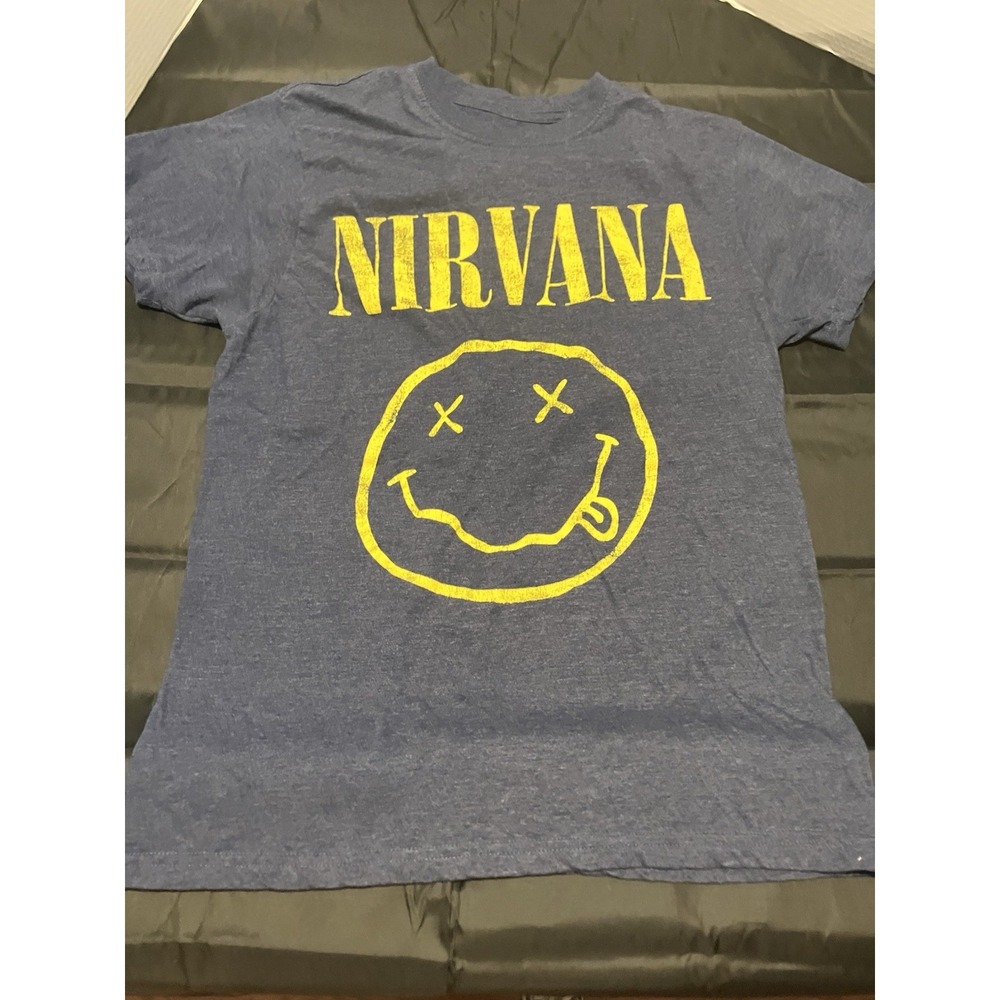Nirvana Blue T Shirt Unisex Size Medium Smiley Face Graphic Grunge Rock Band Tee